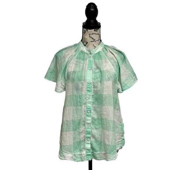 Anthropologie Maeve Short Sleeve Gingham Flutter Top in Mint Sz S Semi Sheer - Picture 2 of 10